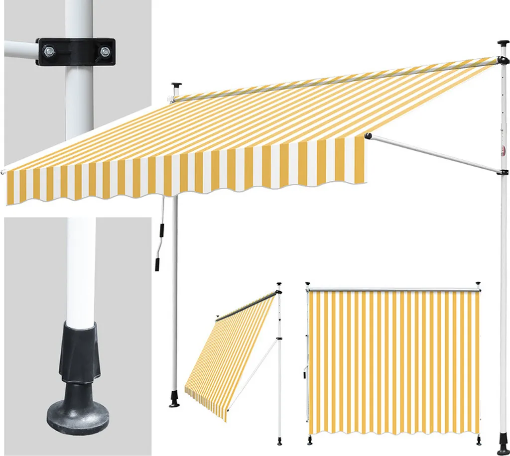 Fiqops Tenda Sole Balcone 3,5M Braccio Pieghevole Pinza Giallo Bianco