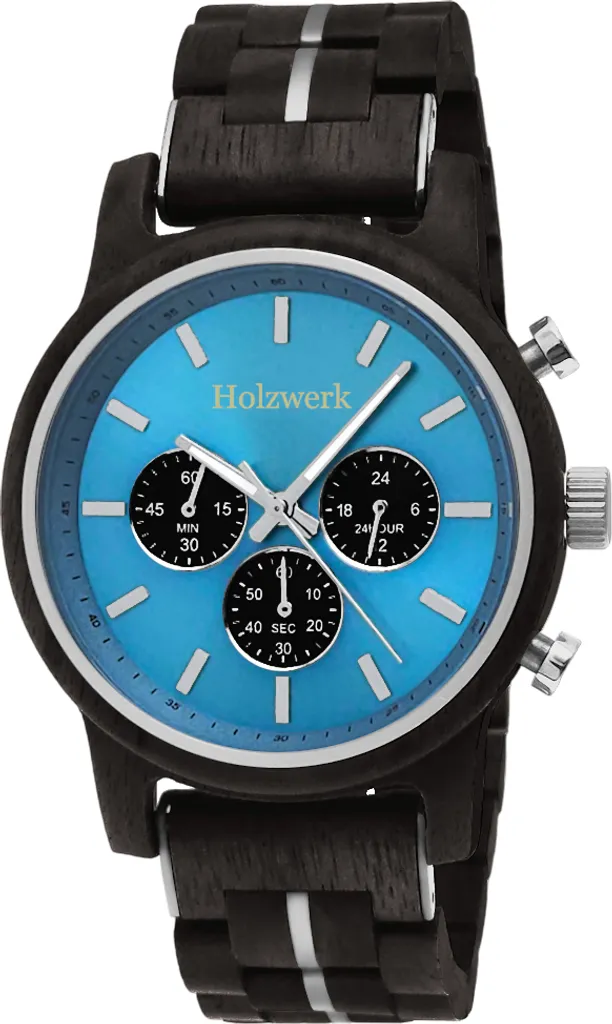 Montre chronographe homme GERDEN en bois naturel noir et bleu argenté