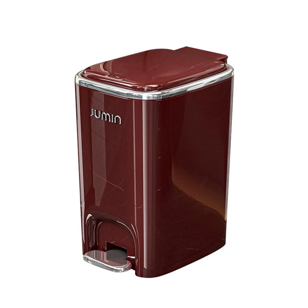 A red pedal trash can with a silver pedal and trim, shown against a white background.