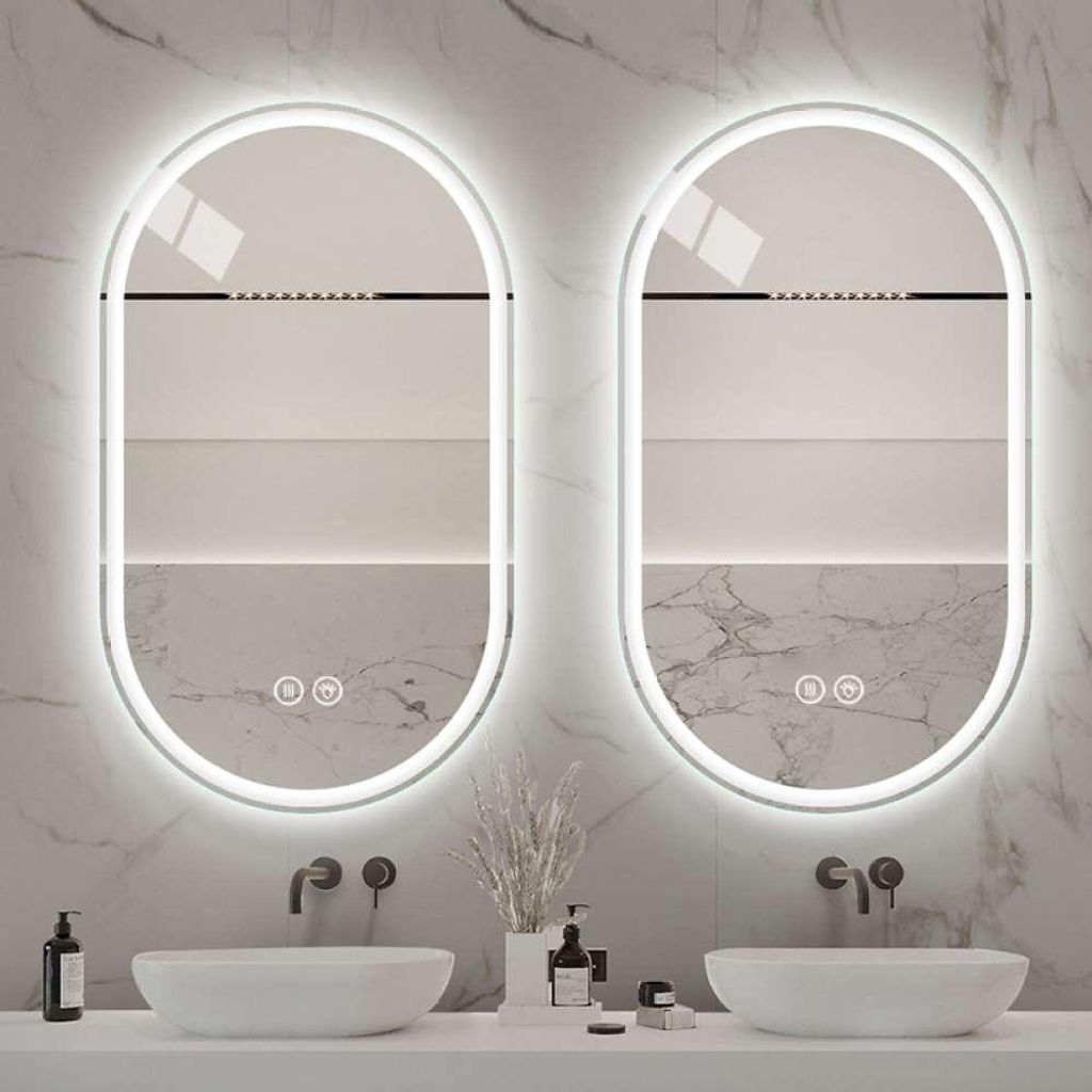 AIORBER 60x90cm LED Badezimmerspiegel Oval, Anti-Beschlag, Touchscreen, Dimmbar, 3 Lichtfarben, Wandmontage, Smart Spiegel Silber