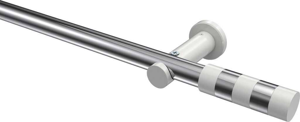 Interdeco Gardinenstange / Vorhangstange Chrom / Weiß, Typ Platon Mavell (Zylinder Bicolor) ohne Ringe, 20 mm Ø 1-läufig, 220 cm
