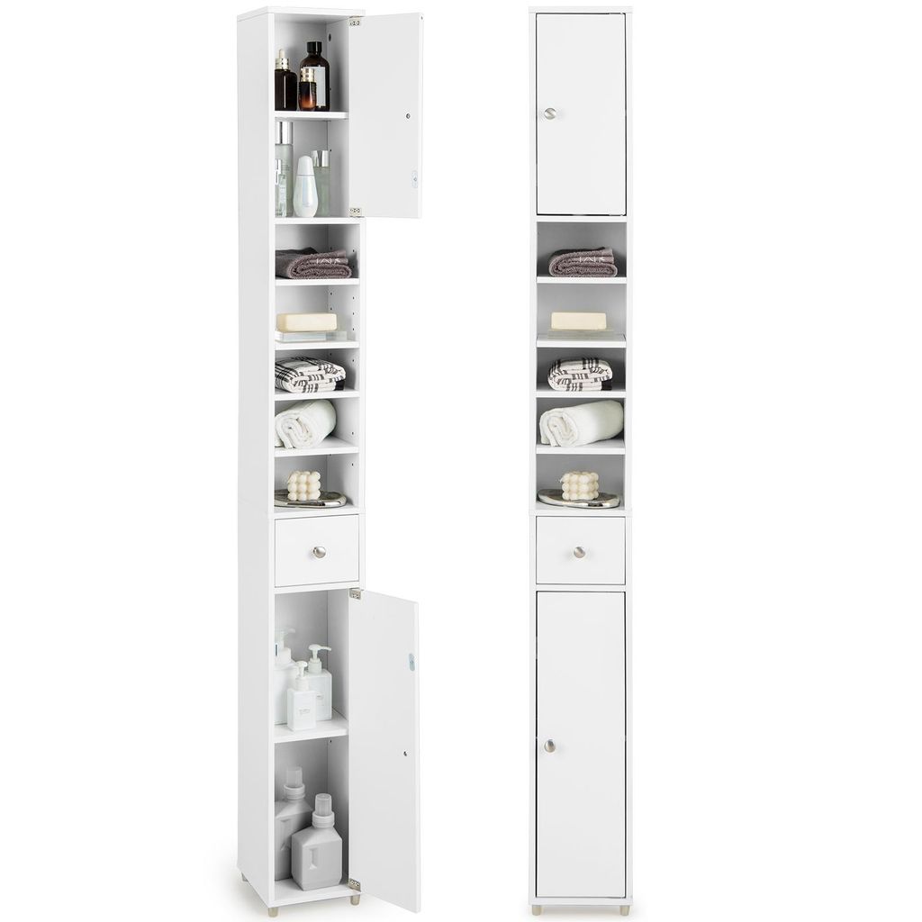 COSTWAY Badschrank Hochschrank schmal, Badezimmerschrank mit 2 Türen, 1 Schublade und verstellbaren Regalen, platzsparender Badregal für Badezimm...