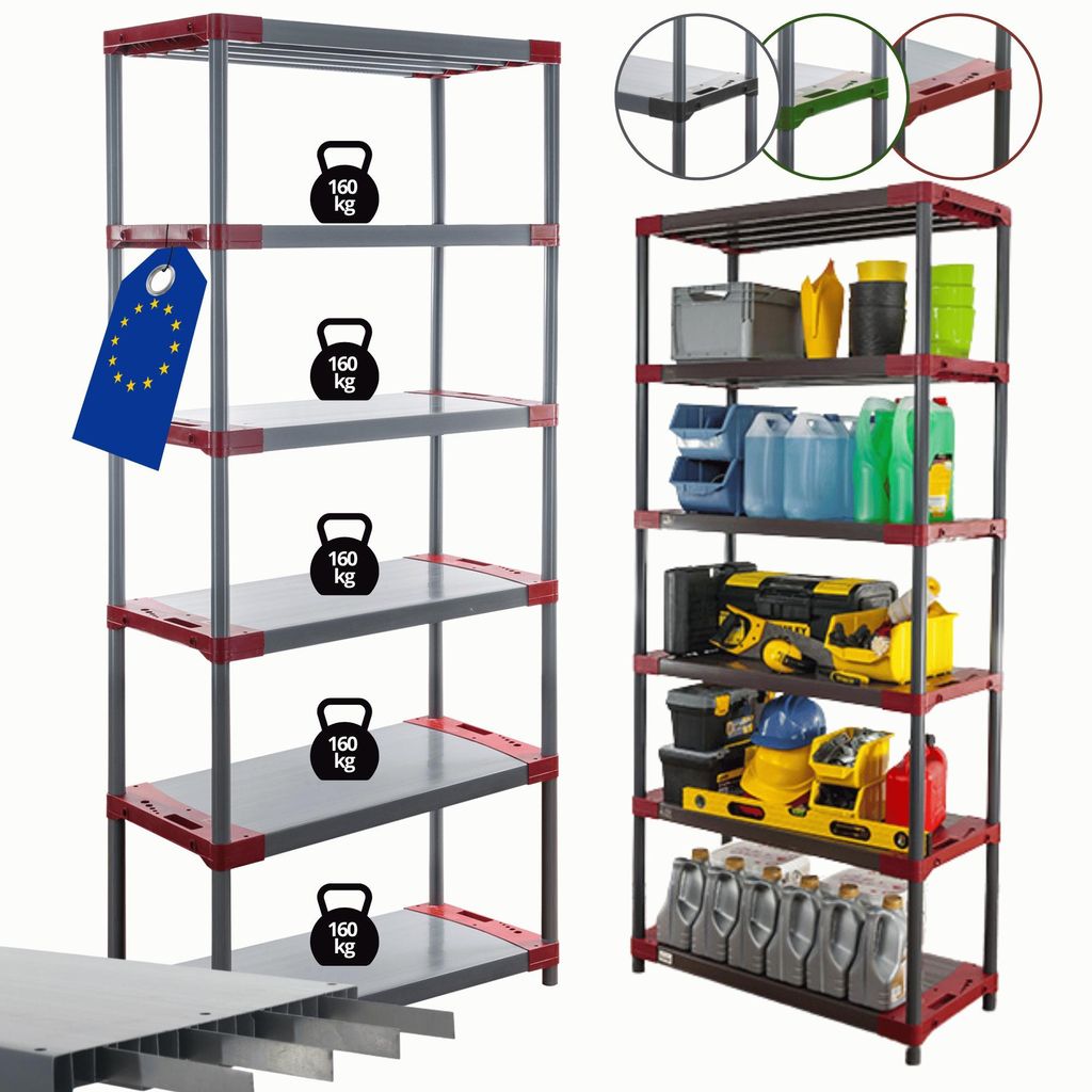 MODO24 Kunststoffregal, 6 Ablagen, 160kg/Boden, Schwerlast, Steckregal, Lagerregal, Plastikregal, Werkstatt, 222x100x46?cm, Rot, TYTAN