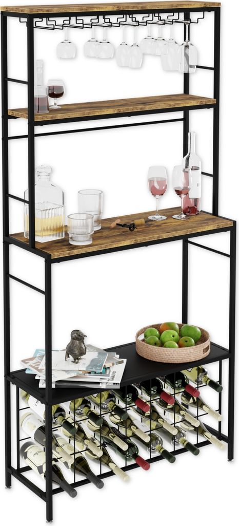 A tall, multi-tiered metal wine rack with wooden shelves, holding wine bottles, glasses, and decorative items.