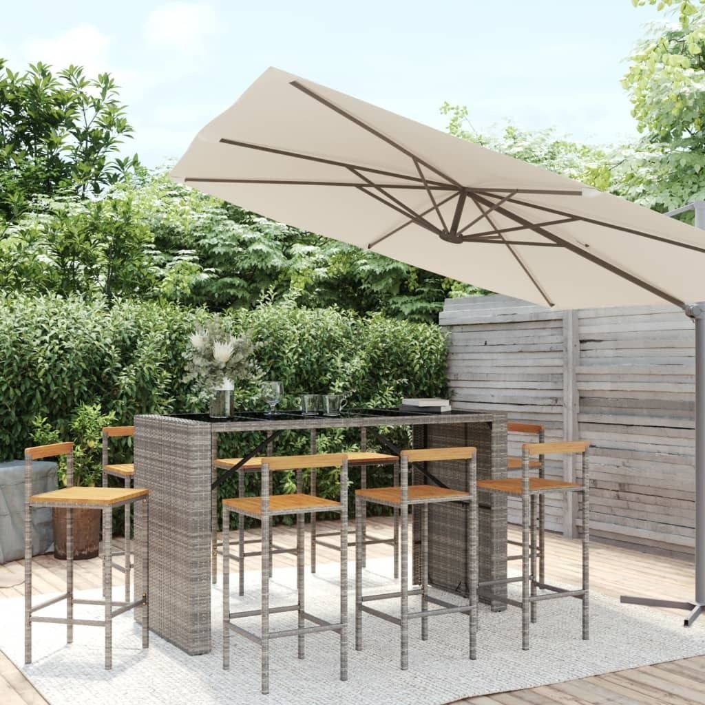 ZMH 9-tlg. Gartenbar-Set Grau Poly Rattan & Massivholz Akazie