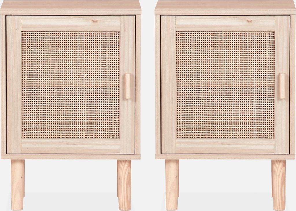 Two identical bedside tables with rattan fronts are shown against a white background.