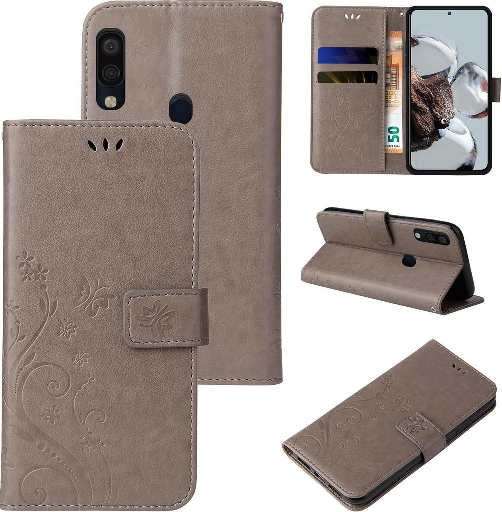 Handyhülle für Samsung Galaxy A40 Floral Blumen Schmetterling Flip Cover Hülle Case Klapphülle Handytasche Farbe: Grau