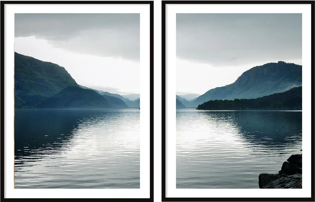 Set de 2 Peintures Lac et Montagnes 53x73cm avec Cadre de Qualité