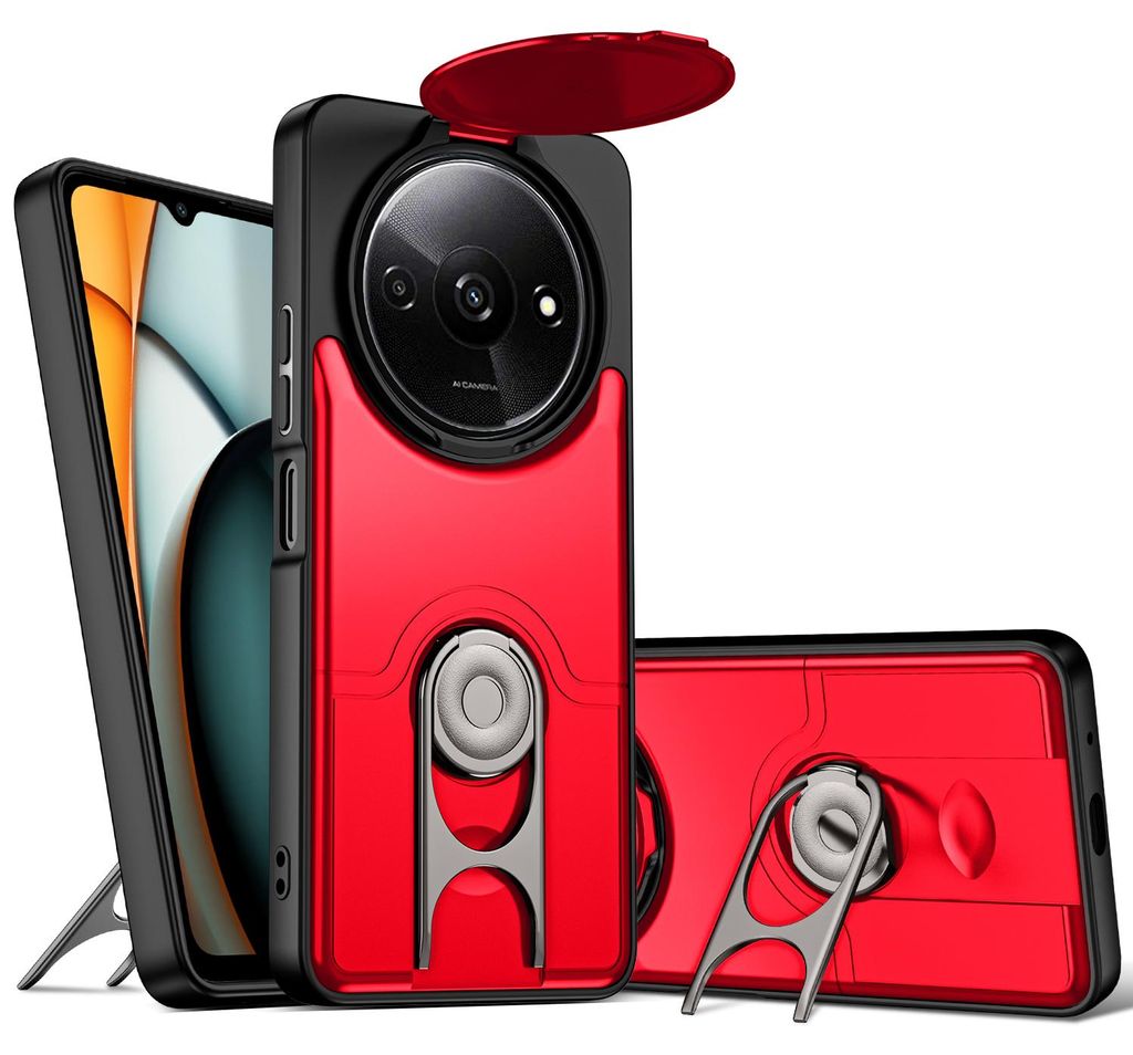 Handyhülle für Xiaomi Poco C61 / Redmi A3 / Redmi A3X mit Dia Kameraschutz und Ringhalter Ständer, Stoßfeste Hybrid Schutzhülle Rot