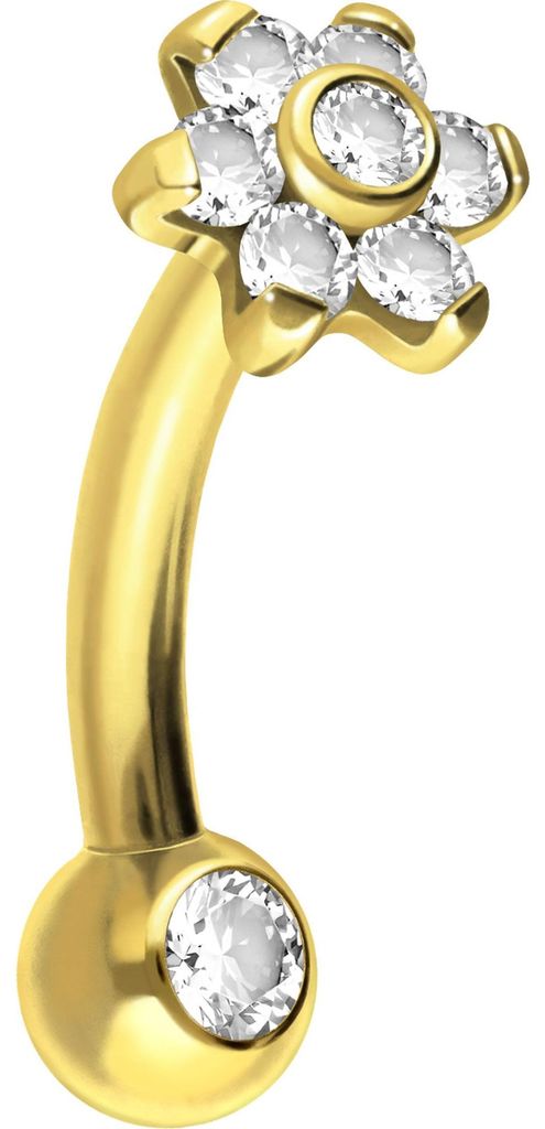Bauchnabel-Piercing, Rook Piercing Titan Banane mit Push Fit BLUME MIT 7 KRISTALLEN + KRISTALLKUGEL Gold Stablänge: 6mm | Discgröße: 4mm