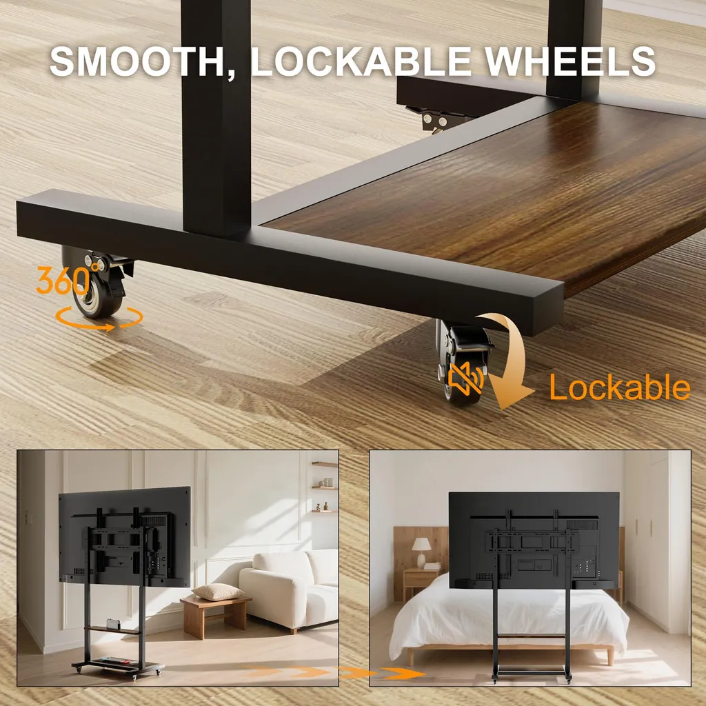 Meuble support TV sur pied réglable avec double tablette noire Série V