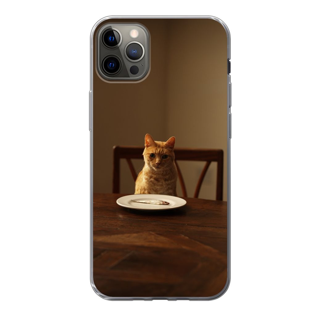 MuchoWow Handyhülle Schutzhülle Hülle für iPhone 12 Pro Max Katze - Esstisch - Teller Silikon Softcase Handy Hülle - Hartschale