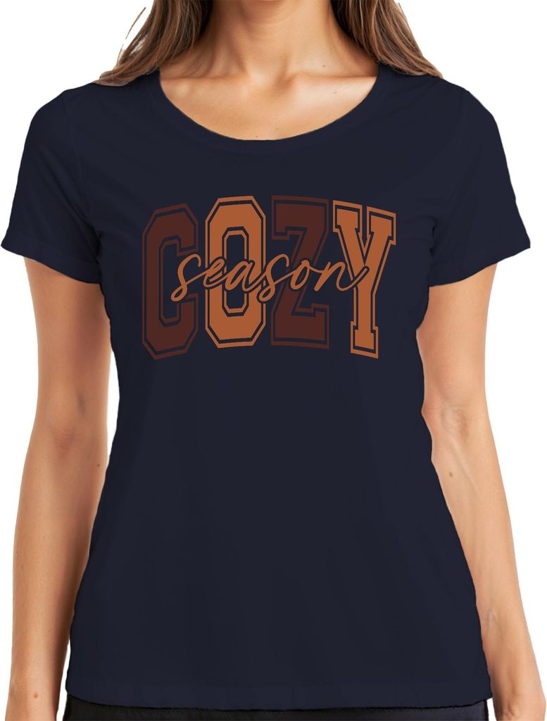 Cozy season Herbst gemütlich Hygge kuschelig Kaffee Kürbis laub Damen T-Shirt, Navy, M