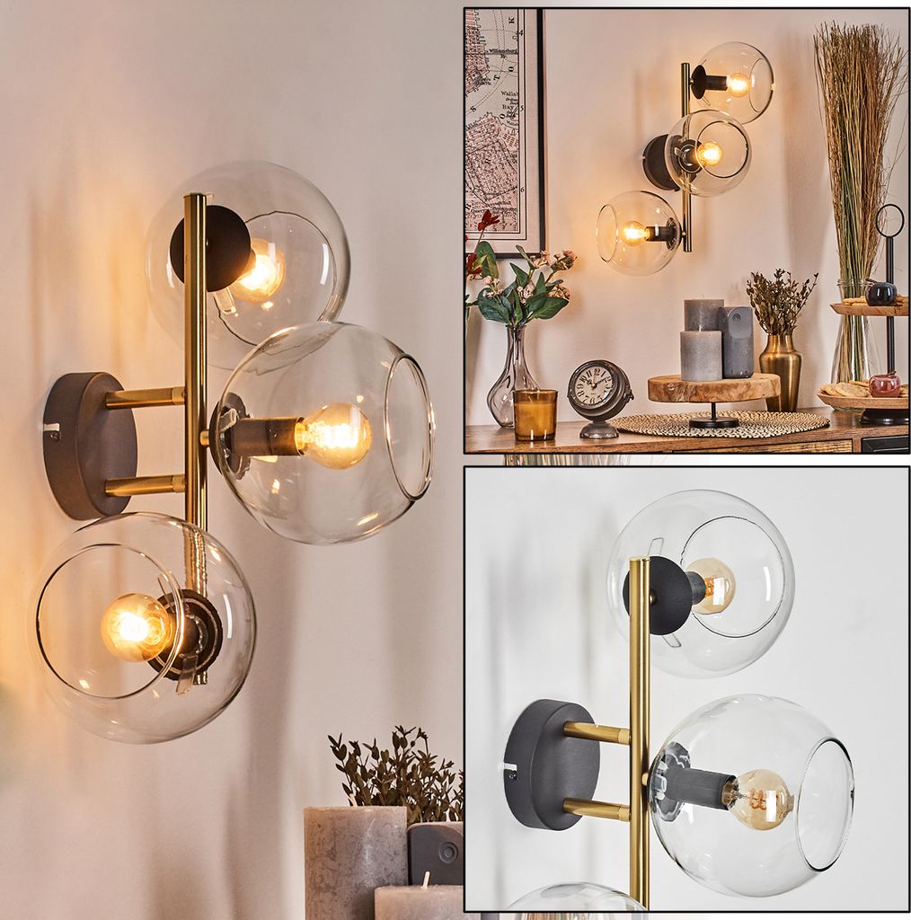 Cesaro Wandlampe aus Metall/Glas in Schwarz/Goldfarben/Klar