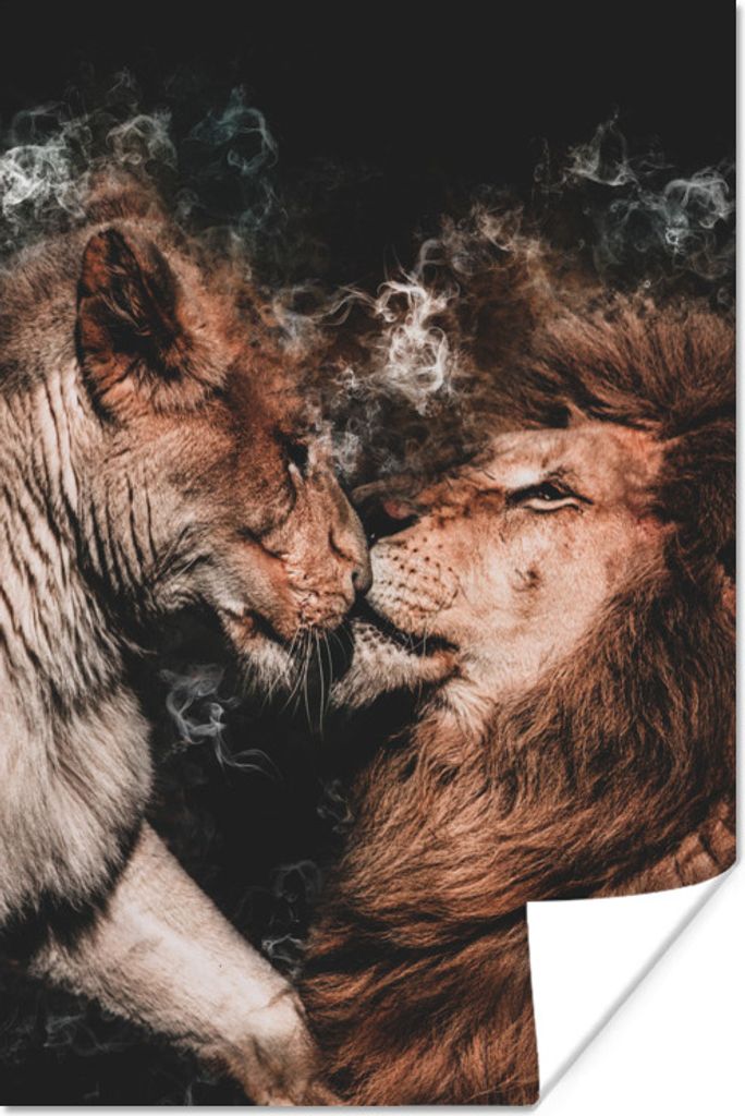 MuchoWow Poster Löwen - Rauch - Kissen 80x120 cm - Papierdruck