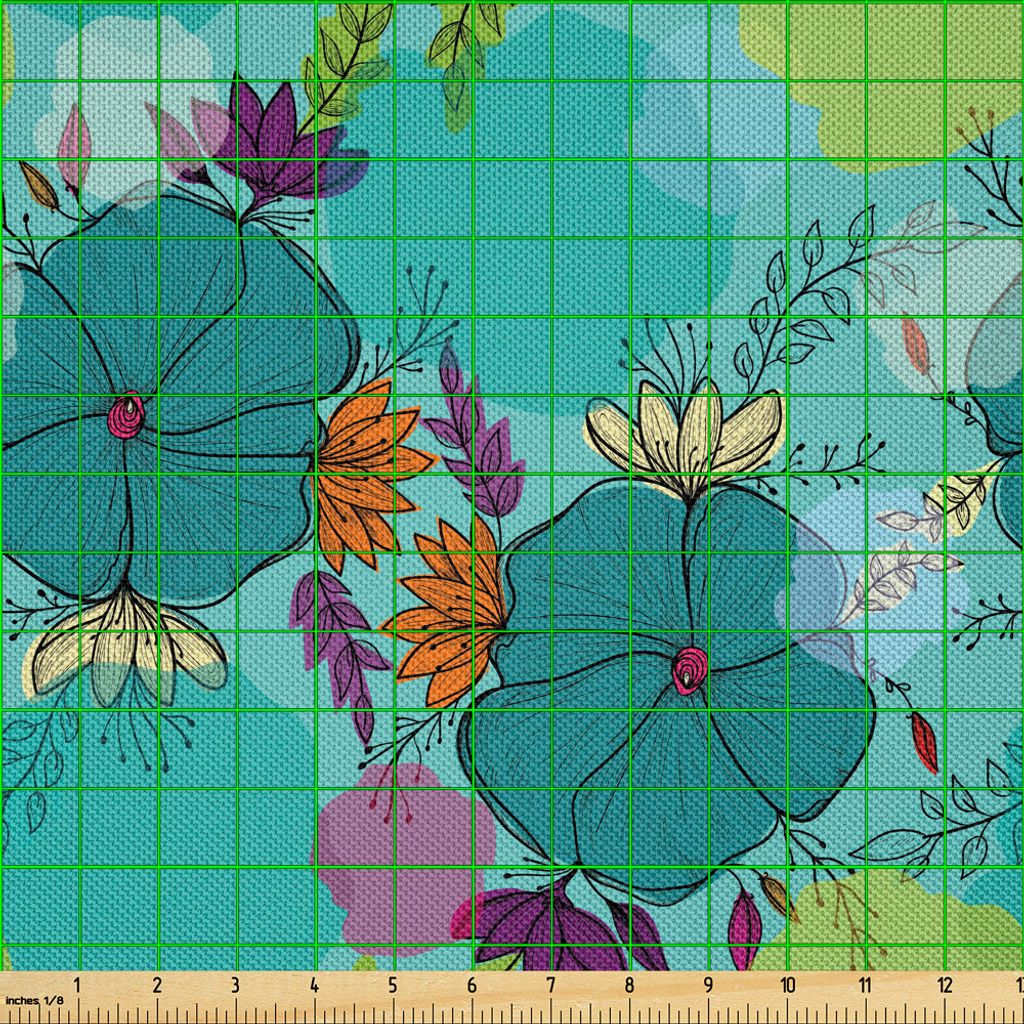 ABAKUHAUS Botanisch Satin Stoff als Meterware, Künstlerische Skizze Floral Bouquet Design Harmonisiert mit Pastell farbigen ungleichmäßigen Spot...