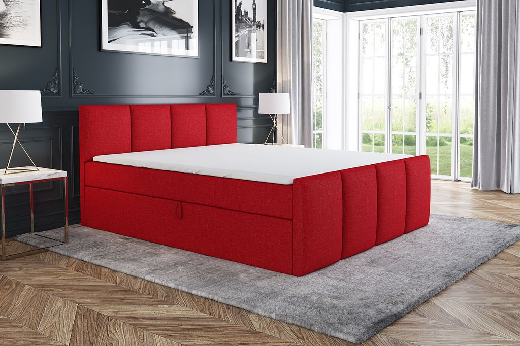 Boxspringbett ECOS 200x200 mit 2 Bettkästen, Bonell-Matratze und Topper. Farbe: Rot.