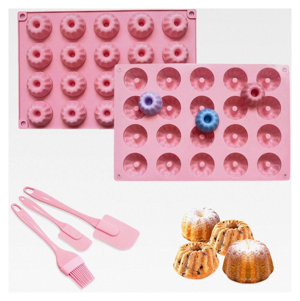 2 Stück Mini Gugelhupfform aus Silikon mit 20 Mulden und 3 Silikonspateln zur Zubereitung von Waffeln, Schokolade, Gelee, Pudding und Eis (Rosa)
