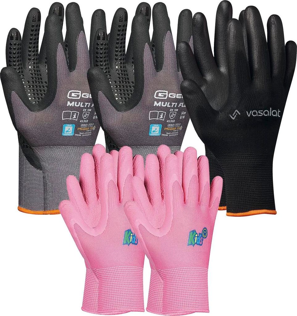Arbeitshandschuhe Kinder 5 - 8 Jahre - Kinder Gartenhandschuhe 2x Pink + 2x Multiflex Handschuhe mit Noppen + vasalat Montagehandschuhe Gr. 10