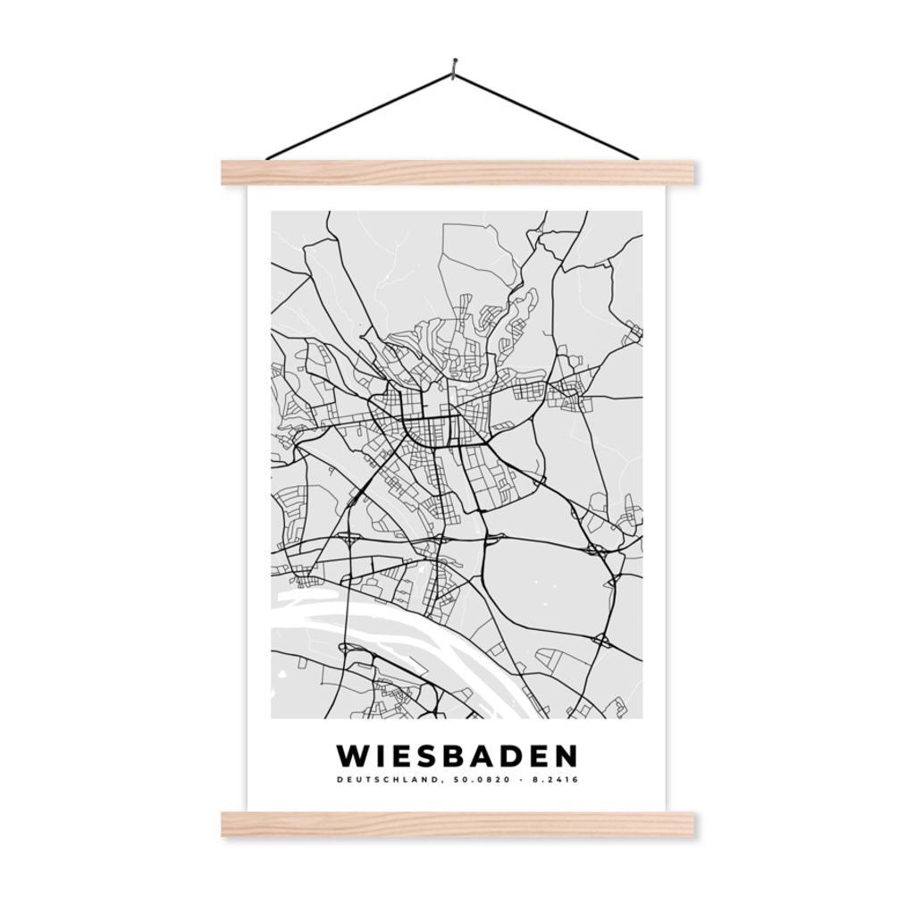MuchoWow Textilposter Wiesbaden - Karte - Stadtplan - Deutschland - Karte 60x90 cm mit holzfarbenen Rahmen - Textil