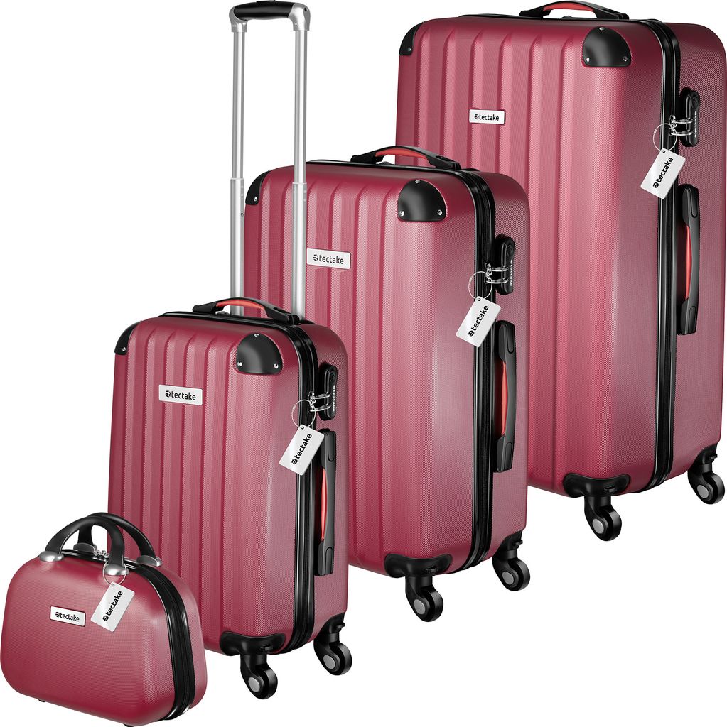 A set of four red suitcases and a beauty case are displayed on a white background.