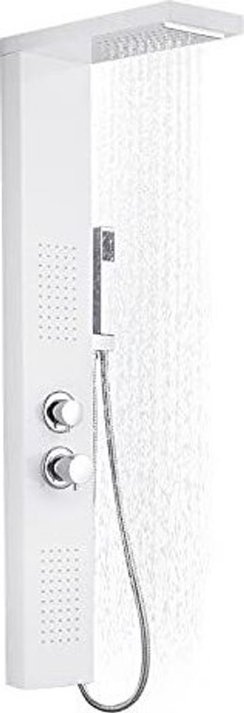 A white shower panel with water flowing from the top shower head and a hand shower attached.