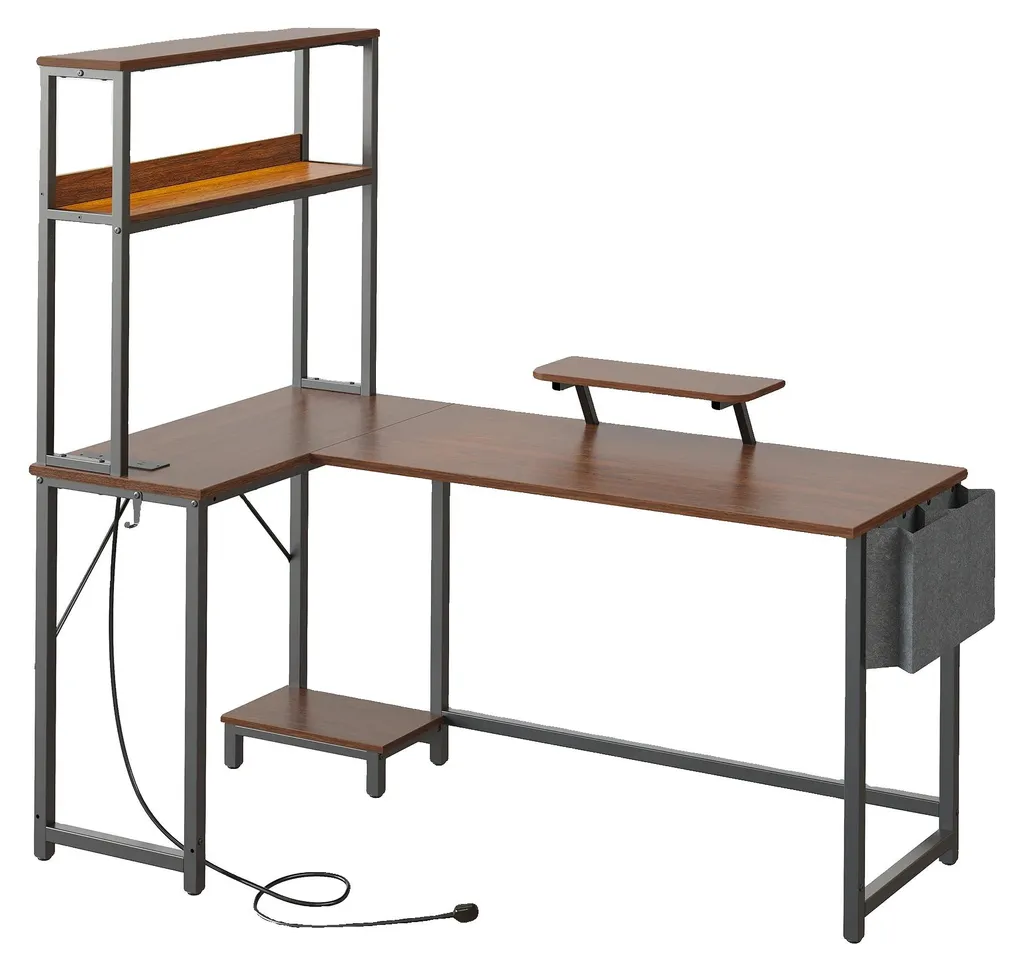 Bureau en L avec tablette marron rustique - Poste de travail d'angle