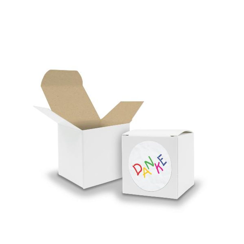 SET DANKE Kids (Motiv28) 24x Faltschachtel Würfel 5cm weiß innen braun+Sticker