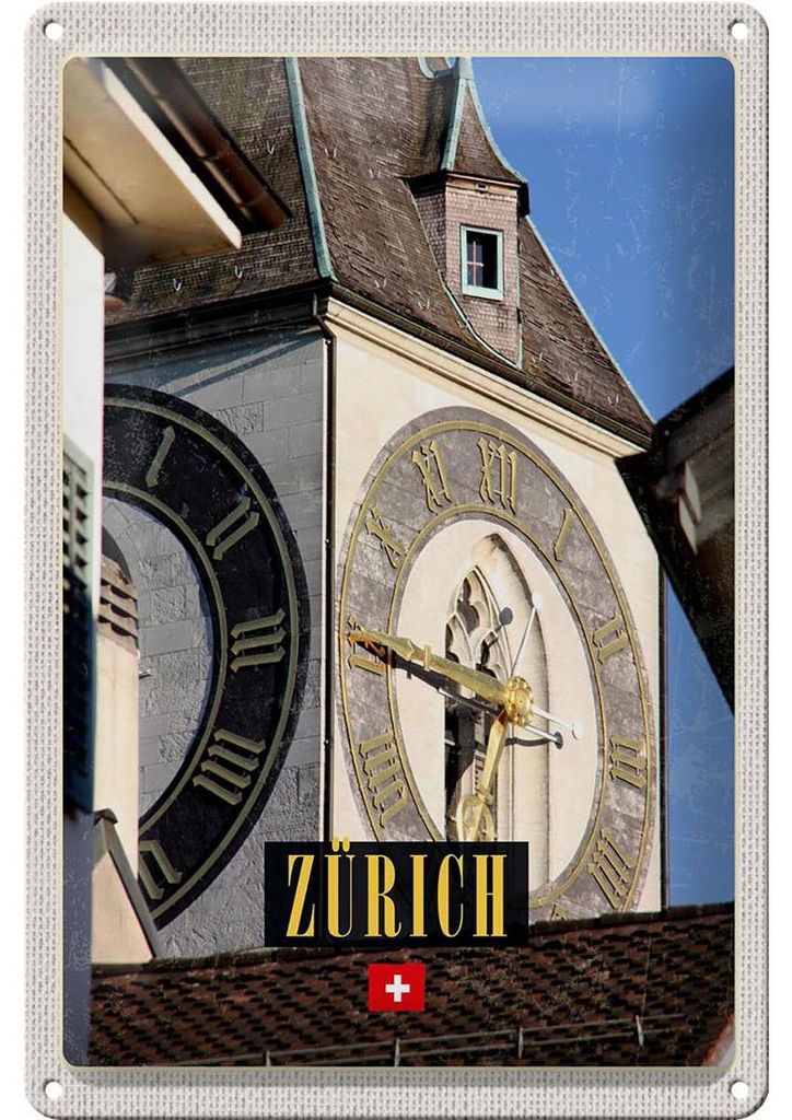 Blechschild Reise 20x30cm Zürich Kirchenuhr Gold Produktbild 