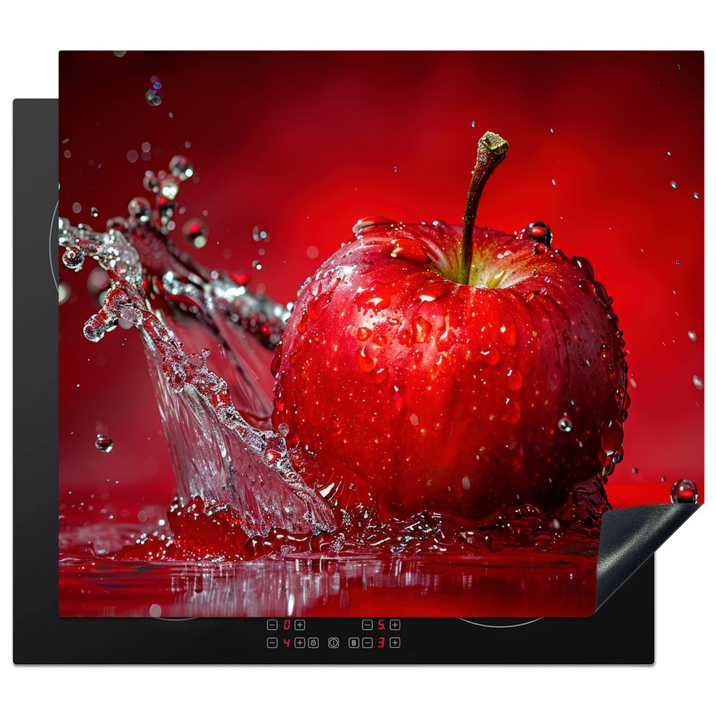 KitchenYeah Herdabdeckplatte Apfel - Spritzer - Wasser - Rot , 59x52cm, Küche Deko, Glaskeramikkochfeld Herdabdeckung, Abdeckplatte fùr Kochfeld