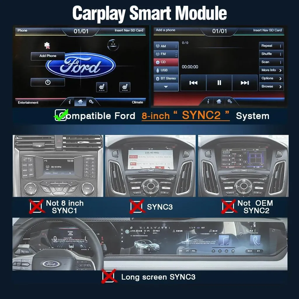Carplay sans fil Ford Sync2 : Module d'intégration Plug and Play Haute Qualité