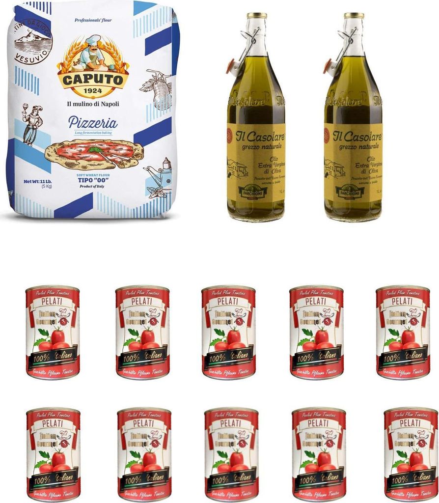 Testpaket Mehl Caputo Pizzeria Kg. 5 + 2x Farchioni Casolare Olio Extra Vergine Grezzo 1000 ml + Italian Gourmet Pelati 100% italienische geschält...
