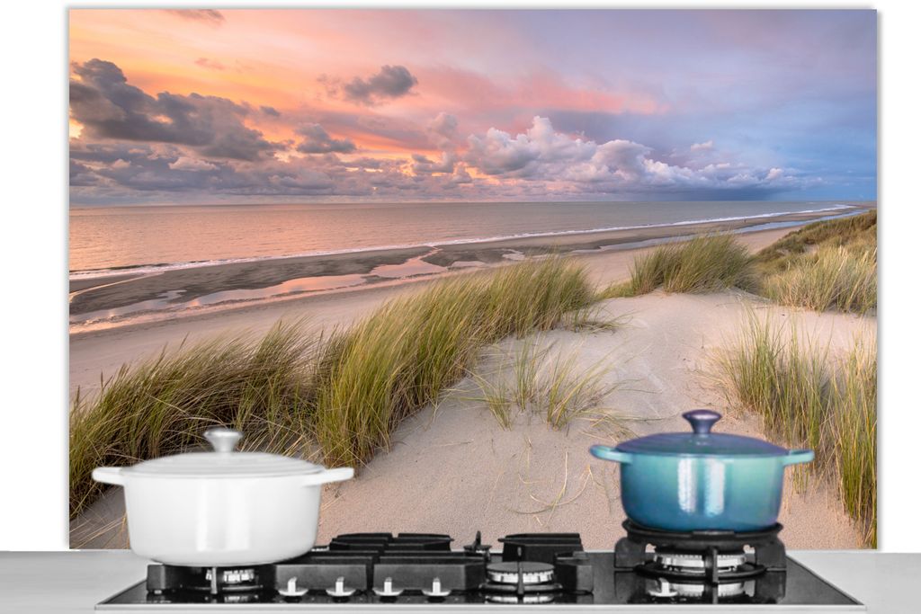 KitchenYeah Spritzschutz Küche - Küchenrückwand - Wandschutz für Herd und Spüle - Strand - Meer - Dünen - Niederlande - Rosa 120x80 - Alu-...