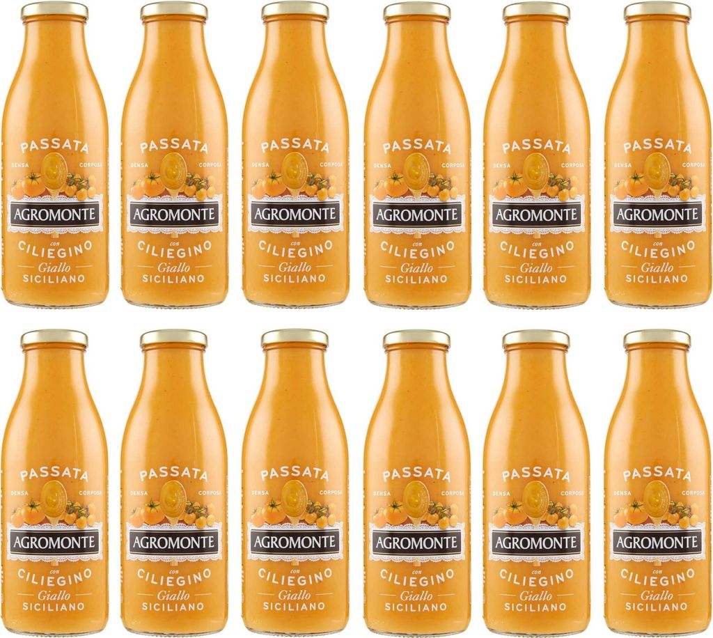 12x Agromonte Passata di Pomodoro e Ciliegino Giallo Tomatenpüree und Gelbe Kirsche Tomatensauce Tomaten Sauce Glasflasche von 520g