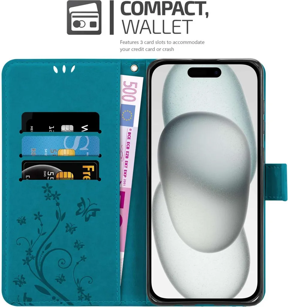 Custodia Cadorabo per Apple iPhone 15 in FLORAL BLUE Custodia protettiva con design floreale con chiusura magnetica, funzione stand e slot per carte di credito Flip Case Flower Cover Etui Handy Klapp Hülle Book Tasche - 2