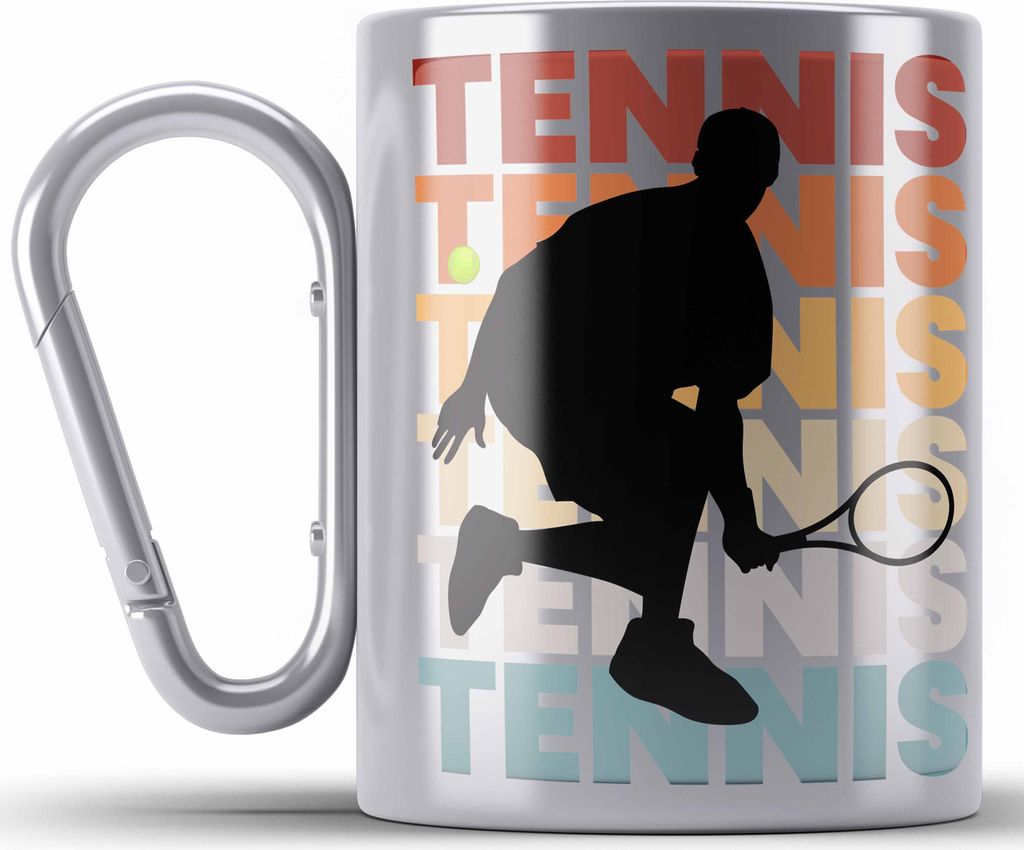 Trendation - Tennis Mann Geschenk Trainer Coach Tennisspieler Geschenkidee Karabiner Edelstahl Tasse Karabiner Edelstahl (Silber)