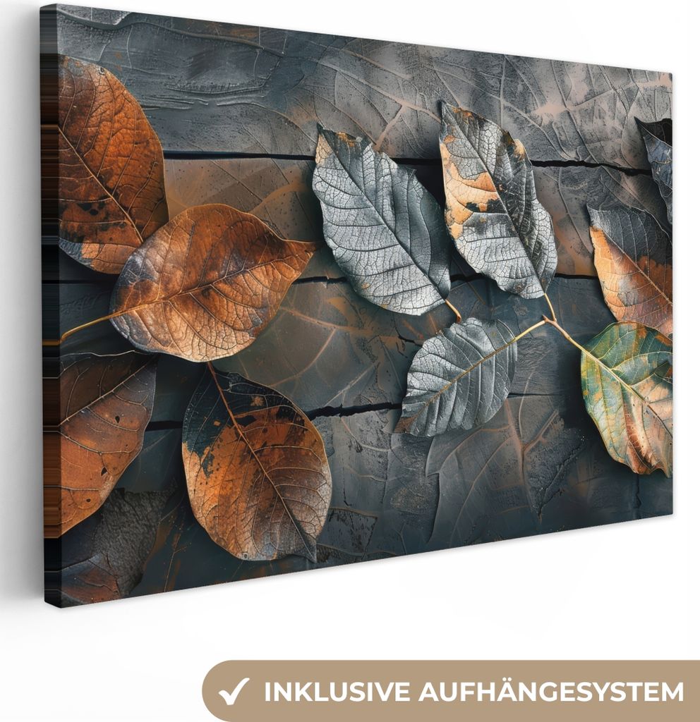 MuchoWow - Leinwandbilder - Blätter - Herbst - Grau - Natur, Wandbild, Wanddeko Bilder Wohnzimmer, 120x80 cm