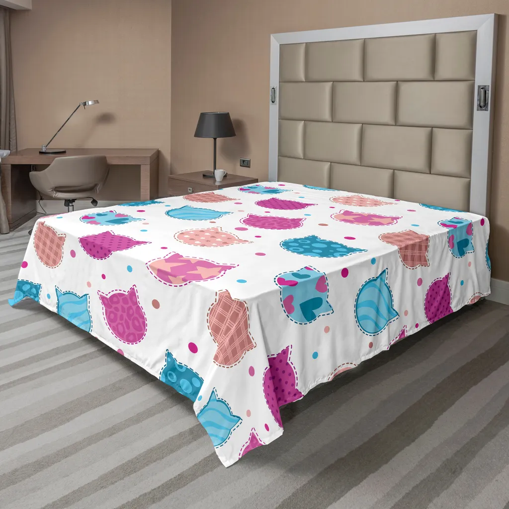 Drap plat grand format 260x228 cm à motifs chats et étoiles colorées