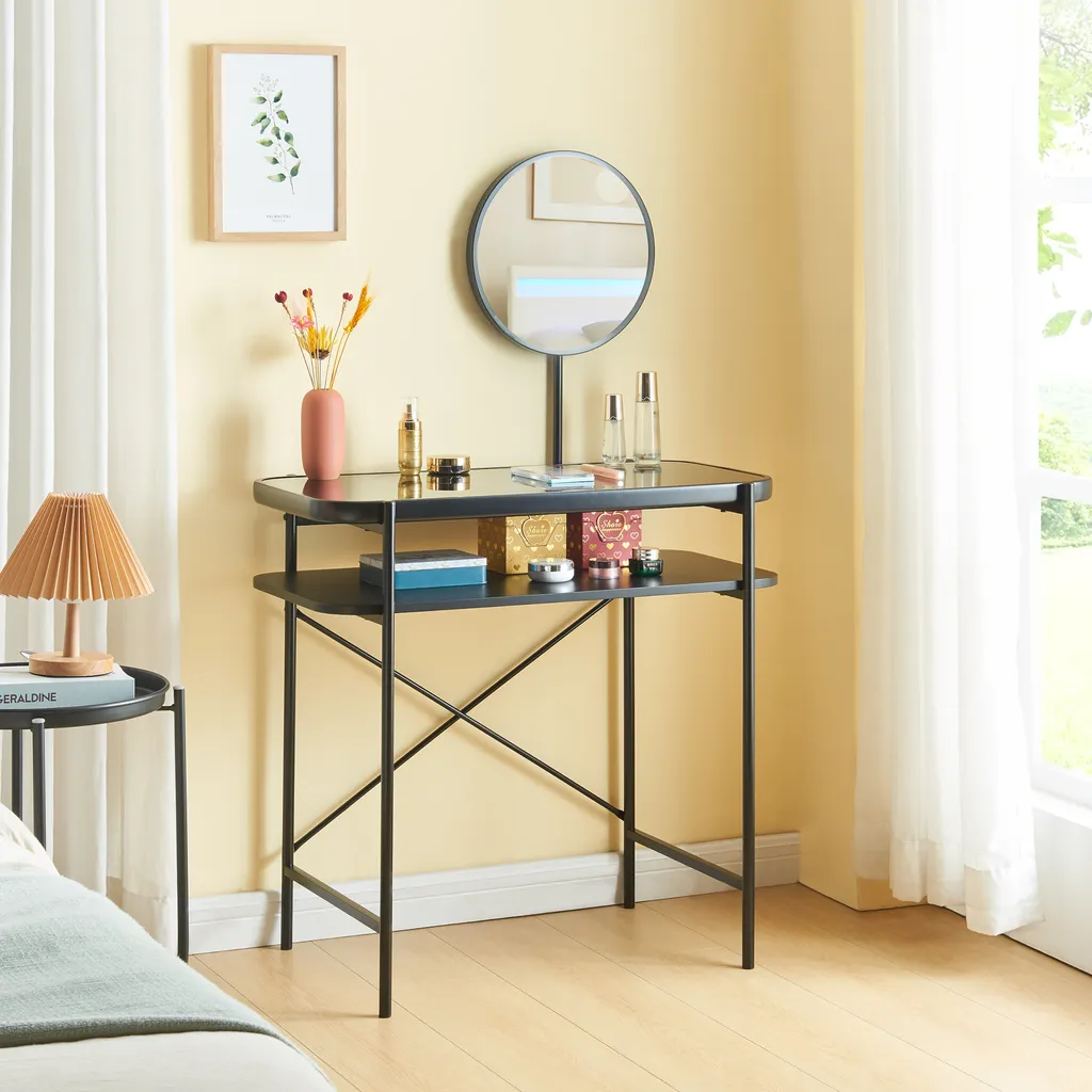 Coiffeuse noire Hjelmeland 129 cm avec grand miroir et plateau spacieux