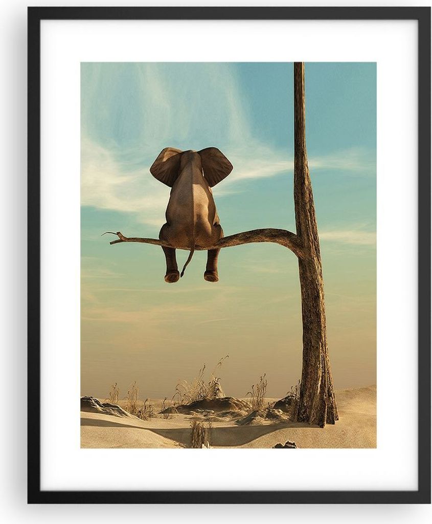 Gerahmtes Poster - Schwarzer Rahmen - Elefant sitzend Ast - 40x50 cm - Wand Bild - Wanddeko - Wandbilder - Kunstposter - Wandposter - Bilderrahmen ...