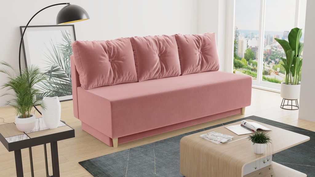 Schlafsofa Mico - Sofa mit Bettkasten, Couch mit Schlaffunktion, Bettfunktion, Bettsofa mit Bonell-Ferderkern, Velours (Pink (Kronos 29))