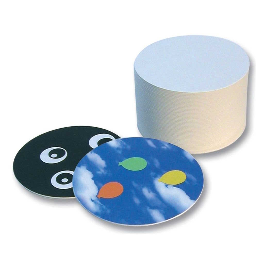 A stack of white circular coasters and two decorative coasters are shown on a white background.