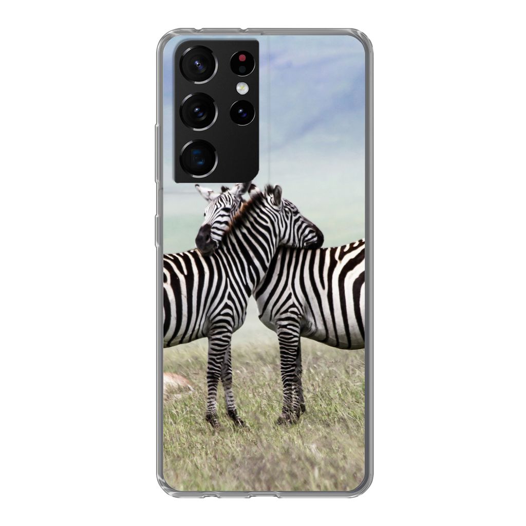 MuchoWow Handyhülle Schutzhülle Hülle für Samsung Galaxy S21 Ultra Zebras - Gras - Schwarz - Weiß Silikon Softcase Handy Hülle - Mobiltelefon
