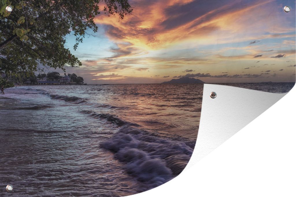 MuchoWow 60x40 cm Outdoor-Poster Gartendeko Sichtschutz Garten Poster für den Garten Sonnenuntergang auf den Seychellen