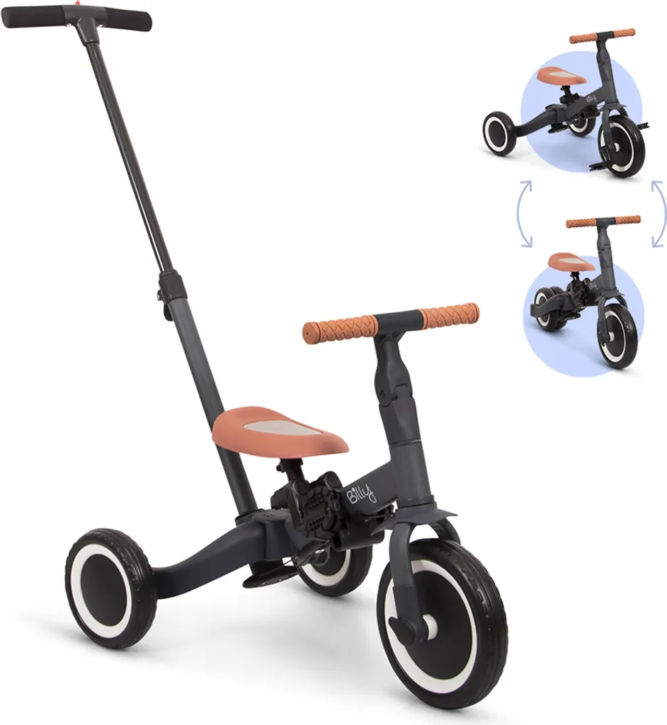 Billy 4-in-1 Vélo enfant Gio Gris avec barre de poussée ajustable
