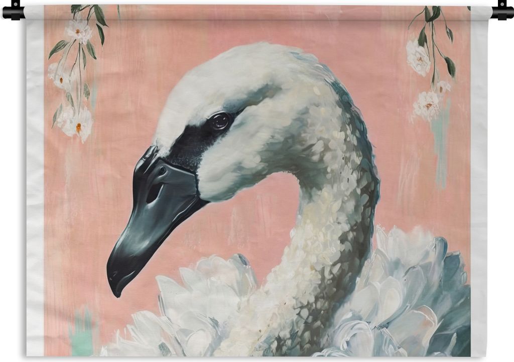 MuchoWow Wandteppich Wandbehang Schwan - Tiere - Blumen - Pastell - Weiß 90x67.5 cm Tapisserie Dekoration Wandtuch - Fototeppich - Wand-Skulpturen