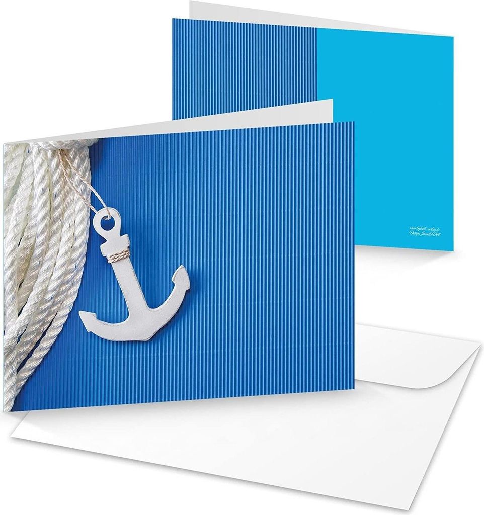 3 Stück maritime Grußkarten mit Anker blau weiß - leere Karten zum Beschriften mit Kuvert
