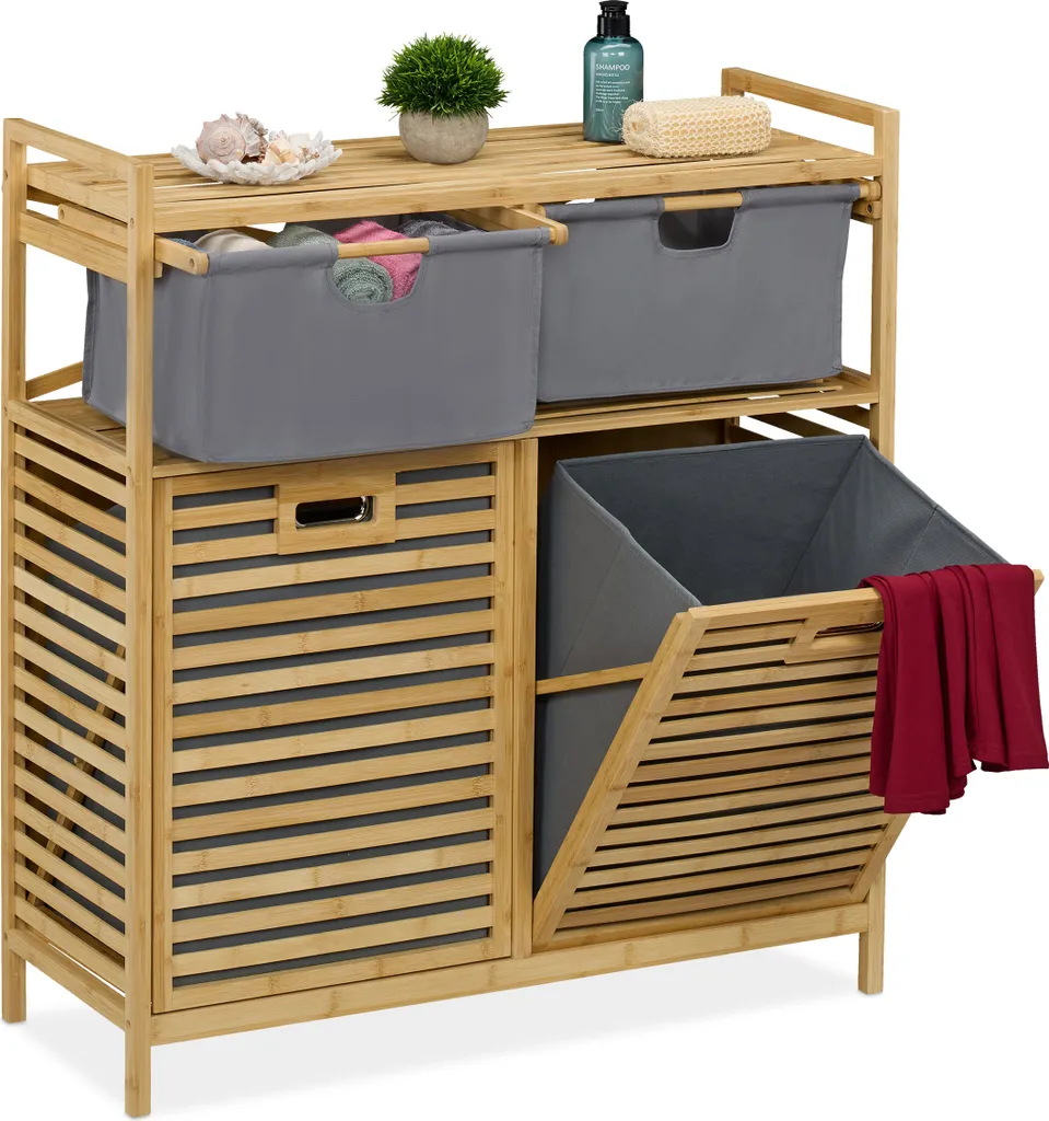 Panier à linge 2 tiroirs amovibles en bambou naturel - Gain de place efficace