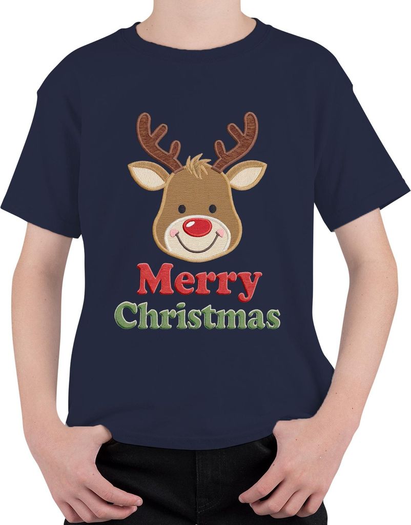 Merry Christmas Rentier Weihnachten Stickerei Bestickt Kinder Uni Kinder T-Shirt, Navy, 104