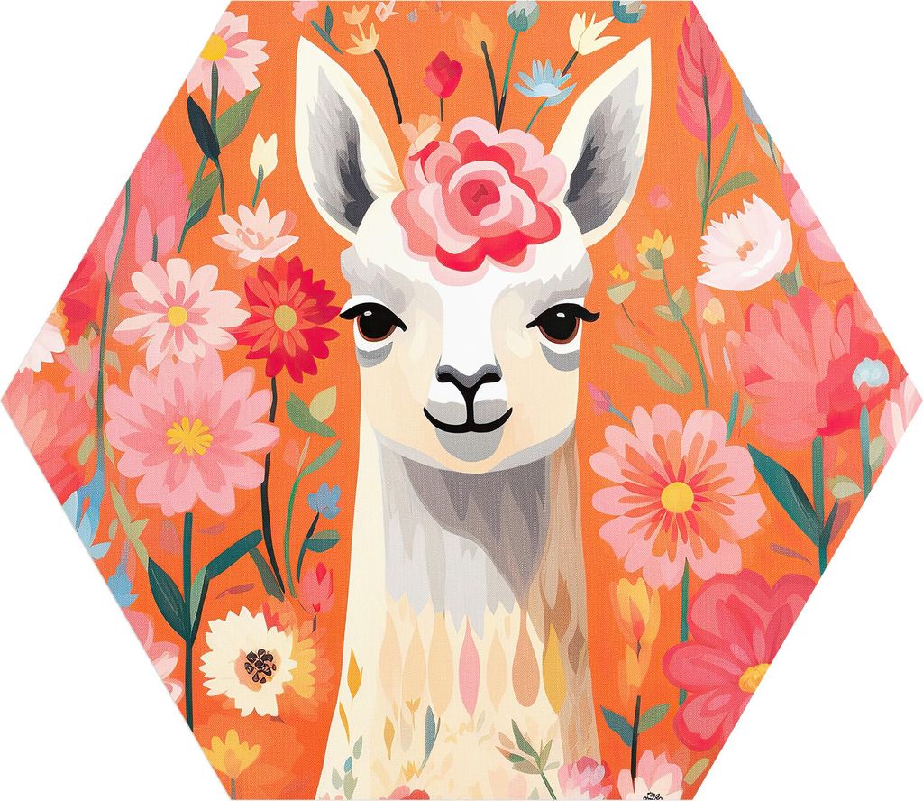 DEQORI Fototapete Sechseck 90x78 cm 'Lama im Blütenrausch' Wand Tapete Leinwand Sticker